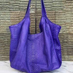 Purple Python Leather Large Hobo Bag: Genuine Snakeskin Slouchy Shoulder Tote