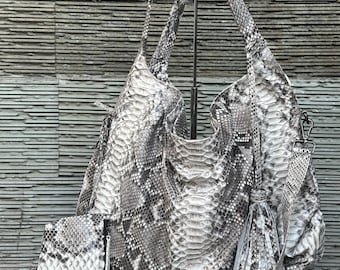 Grey Python Leather Big Hobo Bag: Luxury Snakeskin Shoulder Bag With Pouch