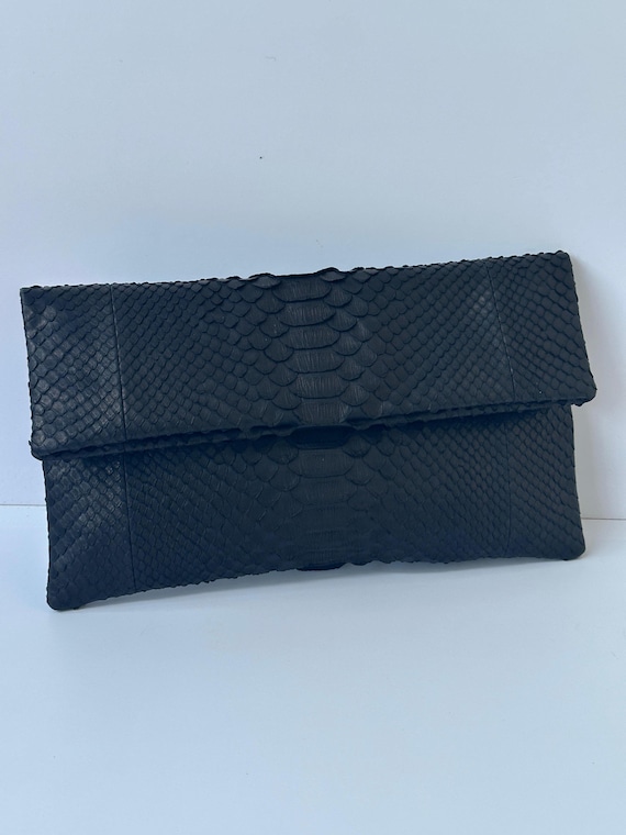 Black Python Skin Foldover Clutch: Luxury Snakeskin Handbag