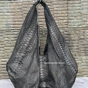 Antique Black Python Leather Large Hobo Bag: Exotic Snakeskin Slouchy Shoulder Purse