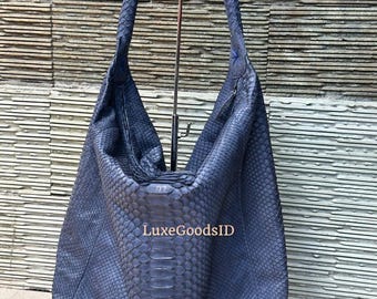 Blue Python Leather Big Hobo Bag: Luxury Snakeskin Shoulder Bag