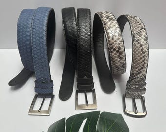 Cinturón de piel de pitón hecho a mano: unisex, gris, negro y azul marino.