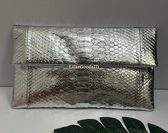 Silver Python Clutch: Foldover Snakeskin Handbag