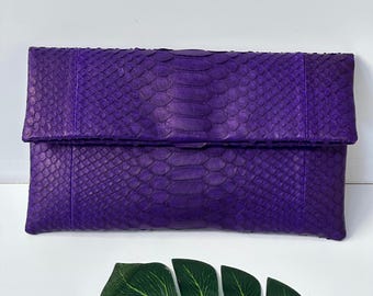 Purple Python Skin Foldover Clutch: Luxury Snakeskin Handbag