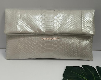 Pearl White Python Clutch: Foldover Snakeskin Handbag