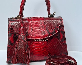 Red Python Leather Top Handle Bag: Luxury Snakeskin Shoulder Bag