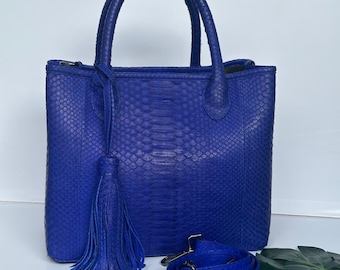 Blue Python Snakeskin Tote Bag: Leather Top Handle, Shopping bag