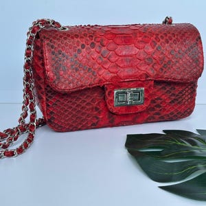 Red shiny snakeskin crossbody bag | Python skin chain bag | Python shoulder bag | Small crossbody bag | Evening bag | Snakeskin purse