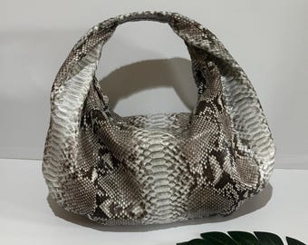 Gray Python Leather Small Hobo Bag: Luxury Uncolored Snakeskin Handbag Purse