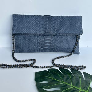 Navy blue antique python skin clutch | Foldover snakeskin woman clutch | Envelope clutch bag | Python leather clutch | Clutch bag with strap