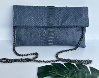 Blue Python Skin Foldover Clutch: Handmade Snakeskin Clutch With Strap