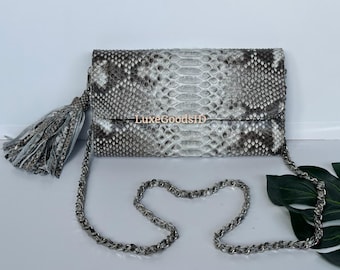 Grey Python Leather Clutch : Luxury Snakeskin Evening Bag