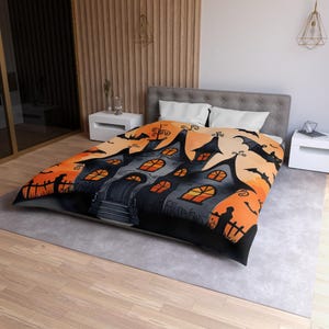 Plaid Halloween Microfiber Duvet Cover, Halloween Bedding, Black and Orange Plaid Bedspread, Spooky Bedroom Decor, Halloween Home