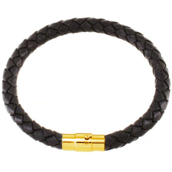 メンズレザーブレスレット - 6mm ブラック編み込みレザーリスト