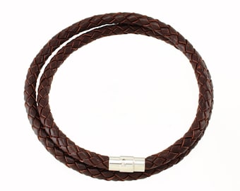 Collier ras de cou en cuir tressé marron de 6 mm, 14 à 36 pouces, fermoir magnétique argenté. Vous choisissez la longueur. LCB0600BRN_MAS