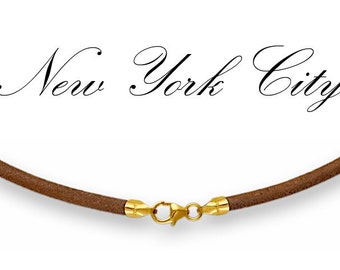 Collar de cordón de cuero natural de 3 mm, de 35 a 91 cm, con cierre chapado en oro de 14 quilates. Largo a elegir. LCR0300NATG