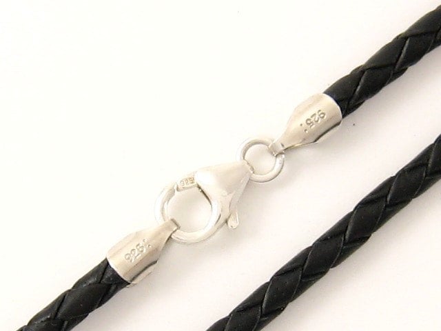 3mm Black Braided Bolo Leather Cord Necklace Silver Clasp 14" to 36" inches Silver Clasp, You choose length. LCB0300BLKS