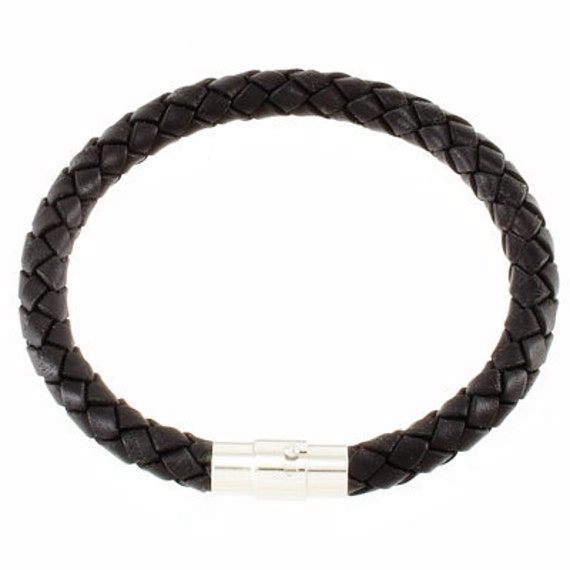 6mm ブラック編み込みレザー リストブレスレット シルバーメッキ