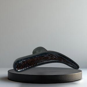 Könnte beinhalten: Eine dunkelgraue, gebogene Haarspange mit strukturierter Oberfläche, die auf einem schwarzen, kreisförmigen Ständer ruht. Die Spange hat eine braune, strukturierte Innenseite, die mit der glatten Außenseite kontrastiert. Der Hintergrund ist neutralgrau.