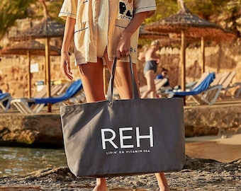 Bolso tote de lona de algodón de comercio justo con iniciales grandes: bolso de playa extragrande