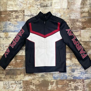 Men’s Black and White Racing Style Jacket with Red Accents | FAIRPLAY Graphic Moto Streetwear Zip Up Jacket