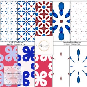Patriotyczne podstawy cyfrowe papiery, 10 bezszwowych czerwonych białych niebieskich geometrycznych abstrakcyjnych wzorów, wzory powierzchni USA, wydruki na Dzień Niepodległości