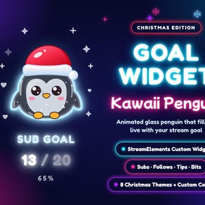 May include: A digital graphic featuring a cartoon penguin wearing a Santa hat, labeled Christmas Edition Goal Widget Kawaii Penguin. It displays a sub goal of 13/20, 65%, and lists features including StreamElements Custom Widget, Subs, Follows, Tips, Bits, and 8 Christmas Themes.