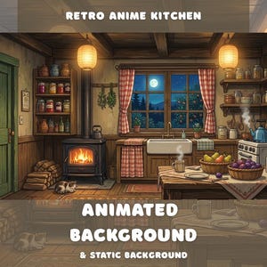 Retro Anime Kitchen Animated Background Cozy Lofi Vtuber Overlay Virtual Kitchen Stream Cooking Twitch Vintage Kitchen Desktop Wallpaper