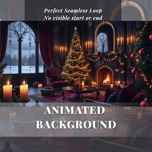 May include: An animated background featuring a cozy Christmas scene. A decorated Christmas tree is the focal point, with a fireplace, candles, and festive decor. The text "Perfect Seamless Loop" and "Animated Background" are visible.