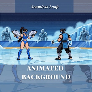 Pode incluir: Fundo animado em pixel art com dois personagens em posição de combate. Um personagem é azul, o outro preto. O fundo inclui gelo e estátuas. O texto diz "Seamless Loop" e "Animated Background".