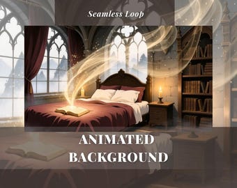Medieval Dark Academia Witchcraft School Enchanted Animated Background Retro VTuber Twitch Stream Gothic Study Room Library Magic Desktop