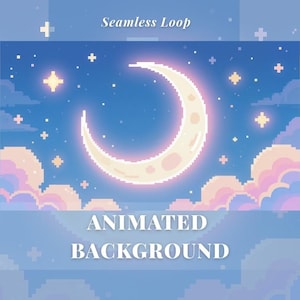 Op de afbeelding: Een geanimeerde achtergrond met een gepixelde halve maan met een zachte gloed, omringd door sterren en wolken in een nachtelijke hemel. De woorden "Seamless Loop" en "Animated Background" worden weergegeven.