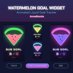 Peut inclure: Un widget de suivi d'objectif pastèque numérique pour le streaming, avec le texte WATERMELON GOAL WIDGET, Animated Liquid Goal Tracker et AnnaNomia. Il affiche trois barres de progression en forme de pastèque avec des contours néon.