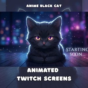 May include: A digital graphic featuring a fluffy black cat with glowing purple eyes and a luminous outline, sitting on a dark wooden floor. The text STARTING SOON... appears on the right side against a background of soft, blurred purple and blue lights.