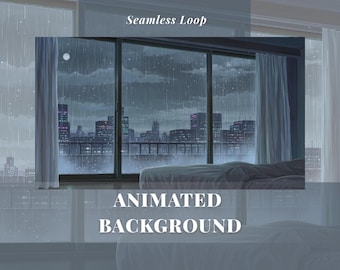 Anime Rainy City Window Lo-Fi Cozy Bedroom Animated Background Relaxing Moody Melancholic Rain Stream Twitch Zoom Vtuber Desktop Wallpaper