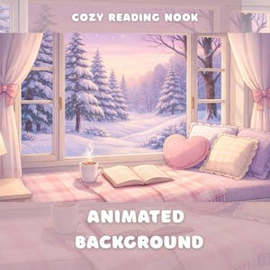 Carino e accogliente angolo lettura invernale sfondo animato sovrapposizione Twitch vTuber finestra della stanza vista foresta innevata Lofi Youtube sfondo desktop pastello