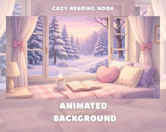 Leuke Gezellige Winter Leeshoekje Geanimeerde Achtergrond Twitch Overlay vTuber Kamer Raam Besneeuwd Boszicht Lofi Youtube Desktop Pastelbehang