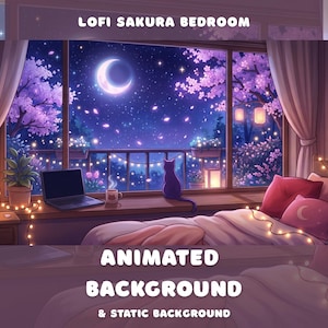 Puede incluir: Escena de dormitorio animada con una gran ventana que da a un cielo nocturno con una luna creciente y flores de cerezo. La habitación cuenta con una cama con almohadas, un portátil, un gato y luces de cadena. El texto dice "LOFI SAKURA BEDROOM" y "ANIMATED BACKGROUND & STATIC BACKGROUND."