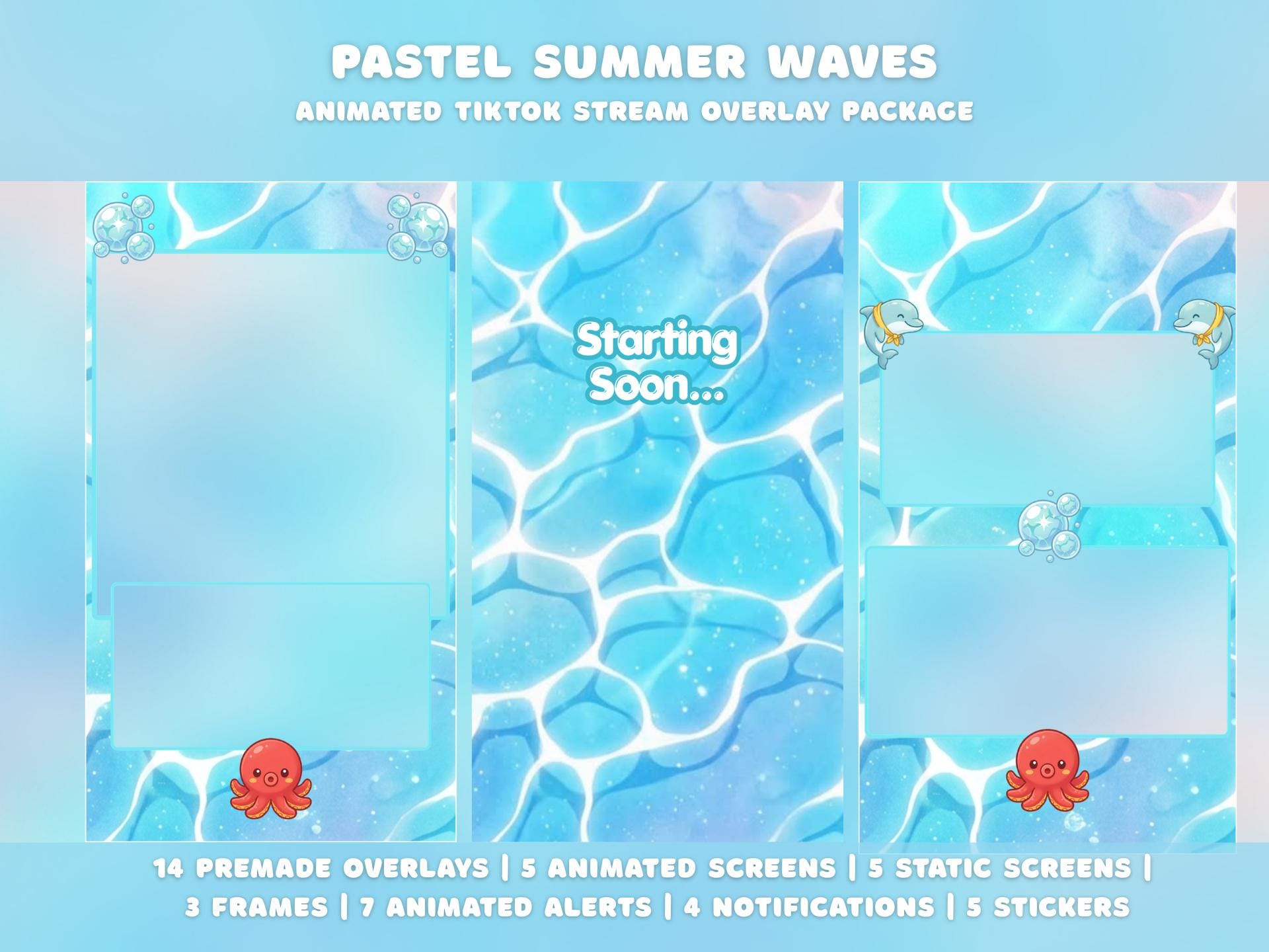 Summer Waves Tiktok Stream Overlay Package, Cute Pastel Blue Animated ...