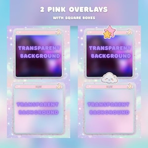 K&ouml;nnte beinhalten: Rosa digitale Overlays mit quadratischen K&auml;sten, die den Text "2 Pink Overlays" und "Transparent Background" anzeigen. Das Design enth&auml;lt Stern-, Mond- und Wolkengrafiken. Der Hintergrund hat ein Pastellfarbschema.