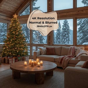 Puede incluir: Acogedora sala de estar con un árbol de Navidad, chimenea encendida y una mesa de centro redonda de madera con velas. Grandes ventanales ofrecen vistas a un paisaje nevado, creando un ambiente cálido.