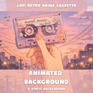 Puede incluir: Ilustración de estilo anime de una mano sosteniendo un casete con las palabras "mood music my best". El fondo presenta un paisaje urbano al atardecer con líneas eléctricas y pájaros.