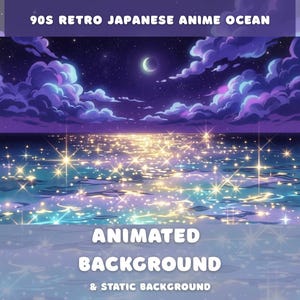 Fondo animado de océano azul estilo anime japonés retro de los 90 (estilo LoFi) / Superposición para VTuber, transmisión de Twitch, fondo de escritorio, cielo nocturno estilo Vaporwave