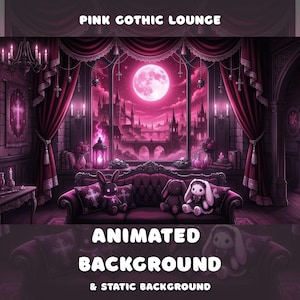 Könnte beinhalten: Eine digitale Illustration mit dem Titel PINK GOTHIC LOUNGE ANIMATED BACKGROUND & STATIC BACKGROUND, die einen dunklen Raum mit einem großen Fenster, Vollmond, einem gesteppten Sofa und zwei Hasen-Stofftieren in Pink- und Violetttönen zeigt.