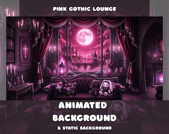 May include: A digital illustration titled PINK GOTHIC LOUNGE ANIMATED BACKGROUND & STATIC BACKGROUND featuring a dark room with a large window, a full moon, a tufted sofa, and two plush rabbit toys. The scene is rendered in shades of pink and purple.
