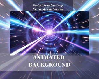 May include: An animated background with a futuristic tunnel design. The image features a central bright light source, surrounded by blue and purple streaks, creating a sense of motion and depth. Text at the top reads "Perfect Seamless Loop No visible start or end". The words "ANIMATED BACKGROUND" are at the bottom.
