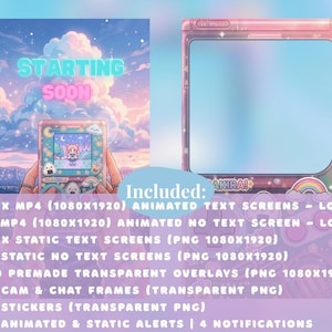 K&ouml;nnte beinhalten: Digitales Kunstpaket mit pastellfarbener &Auml;sthetik. Enth&auml;lt animierte und statische Textbildschirme, Overlays, Kamera- und Chat-Rahmen, Aufkleber und Benachrichtigungen. Das Design zeigt ein tragbares Spielger&auml;t mit einer Figur auf dem Bildschirm und dem Text "STARTING SOON".