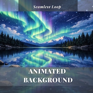 May include: Digital artwork of an animated background showing the aurora borealis over a lake. The image displays green and purple lights in the sky, with the text "Seamless Loop" and "Animated Background".