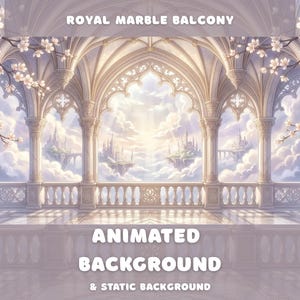 Kunglig marmorbalkong Animerad bakgrund Ängel Vtuber Himmel Palats Vitt slott Moln Vtuber Överlägg Twitch Stream Körsbärsblom Sakura