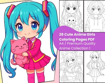 Kolorowanka z uroczymi dziewczynami z anime (28 stron) – do druku w stylu mangi w formacie PDF dla dzieci i nastolatków – Kawaii pages